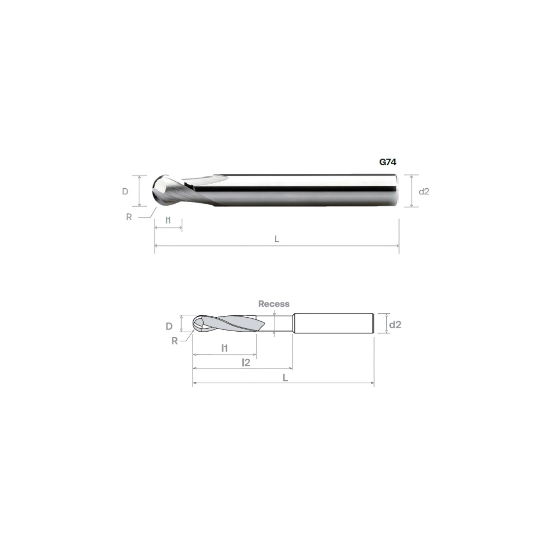 HPMT AL BN BALLNOSE CUTTERS, 2 FLUTES G74/75