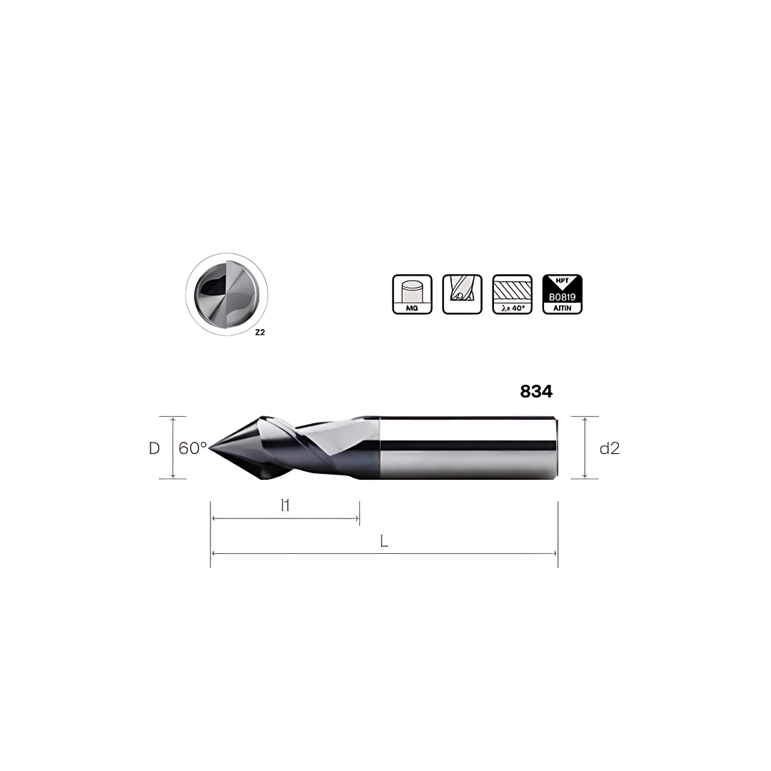 HPMT SE 30 MULTI-PURPOSE ENDMILLS WITH 60º POINT ANGLE, 2 FLUTES 834