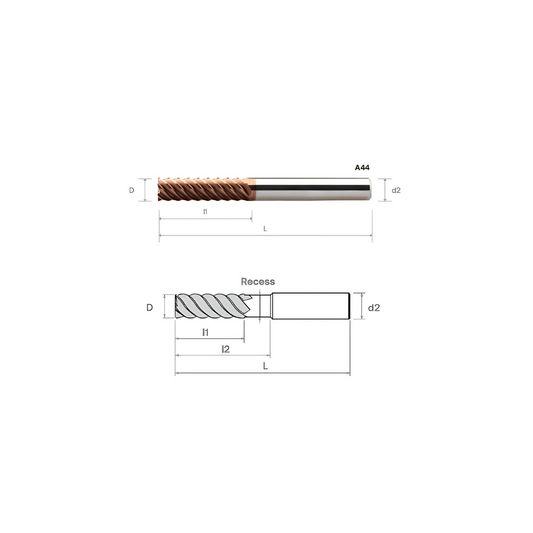 HPMT SE 60 LONG MULTIFLUTE ENDMILLS/WITH RECESS, 6-8 FLUTES A44/A45