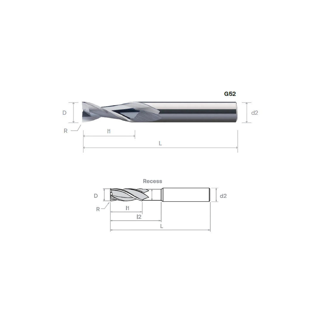 HPMT AL SE ENDMILLS, EDGE PROTECTION, FLUTE POLISHED, 2 FLUTES G52/G53