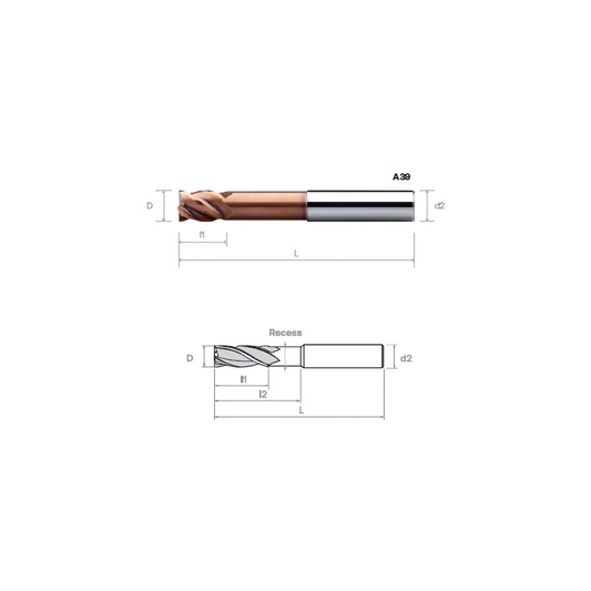 HPMT SE 60 LONG, LONG REACH ENDMILLS WITH SHORT FLUTES / WITH RECESS, 4 FLUTES A38/A39