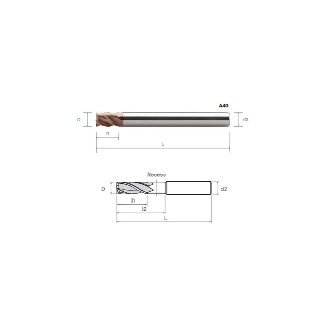 HPMT SE 60 ENDMILL EKSTRA PANJANG, JANGKAUAN PANJANG, DENGAN ALUR PENDEK / DENGAN RESES, 4 ALUR A40/A41